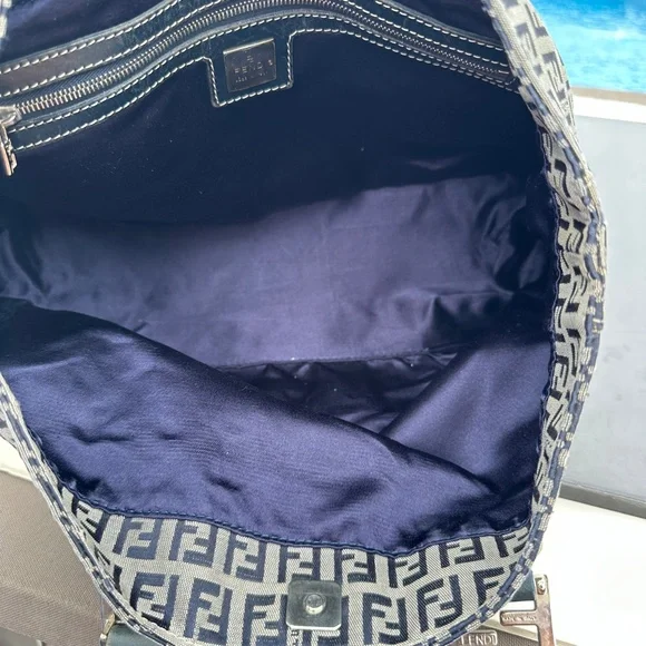 FENDI Vintage Zucchino  Navy Leather & Grey Canvas Tote Bag - Picture 10 of 17
